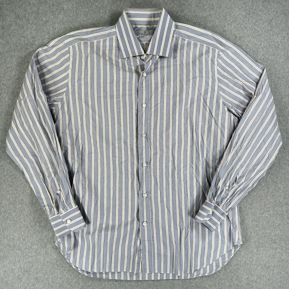 Truzzi Dress Shirt Mens 17/43 Blue Striped Italy Spread Collar Long Sleeve